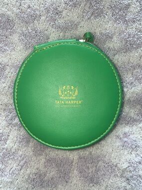 Tata Harper Bright Green Round Zip Pouch with Gold Logo